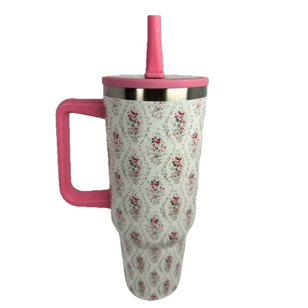 40oz Pink Floral Tumbler With Handle Straw Double Wall Stainless Steel Cup